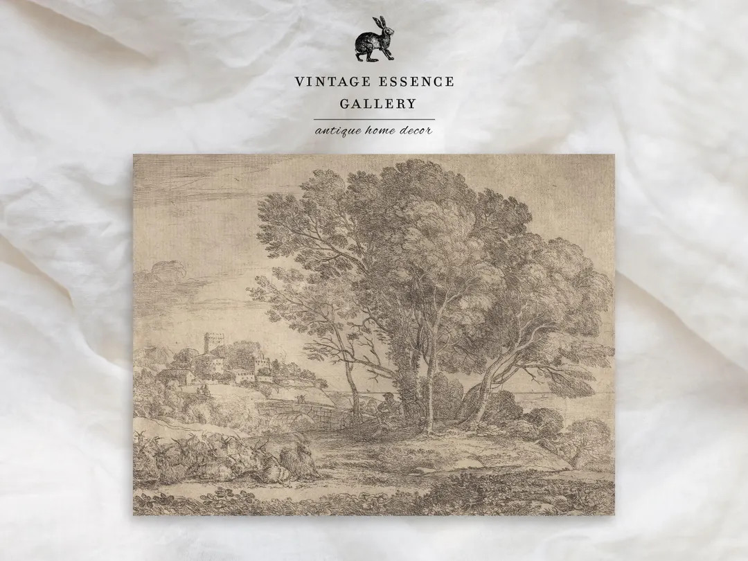 Vintage Country Landscape | Antique Tree Art Print | Neutral Beige Tone Classic Pastoral Village ... | Etsy (US)