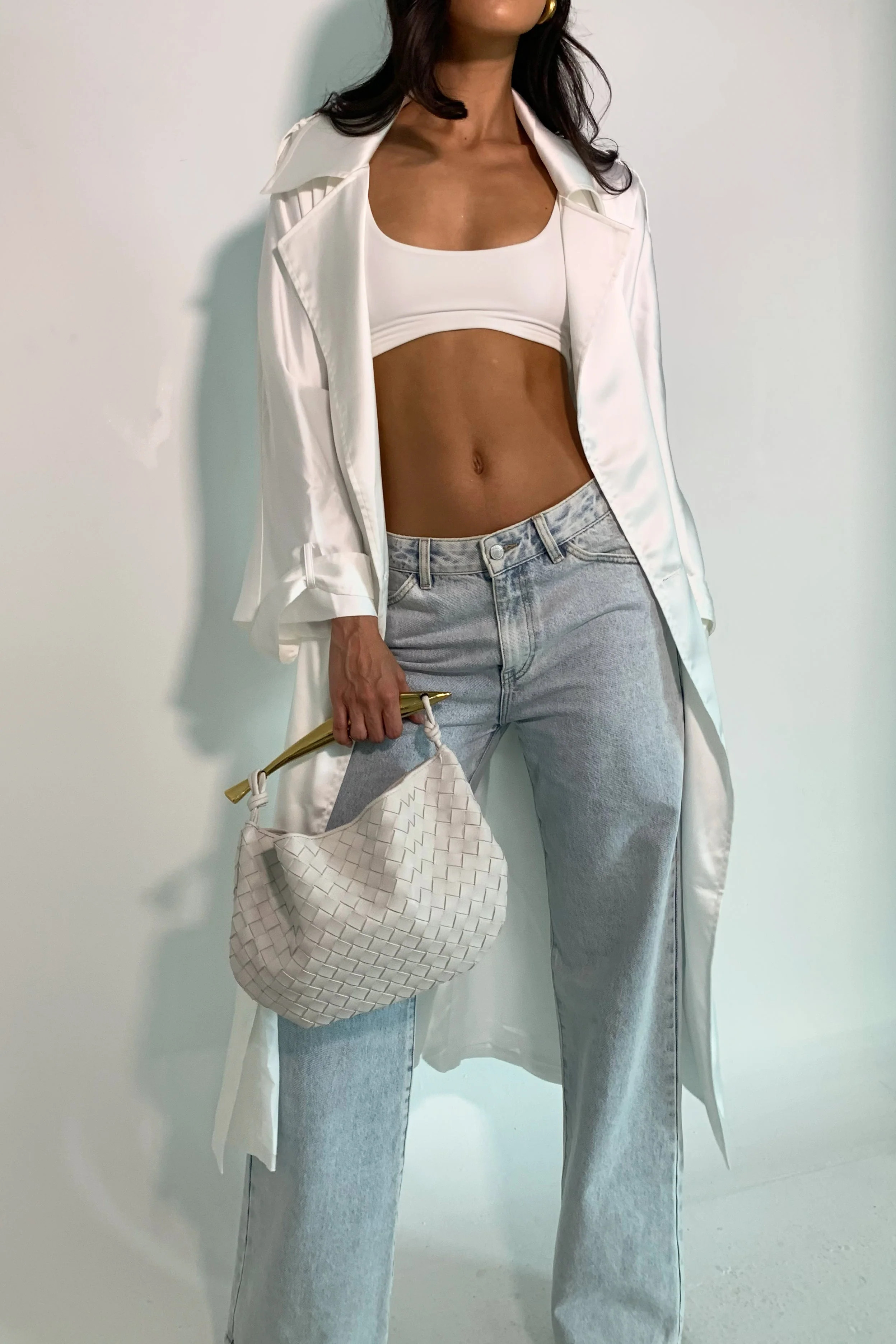 Azaela Satin Trench Coat - White | MESHKI US