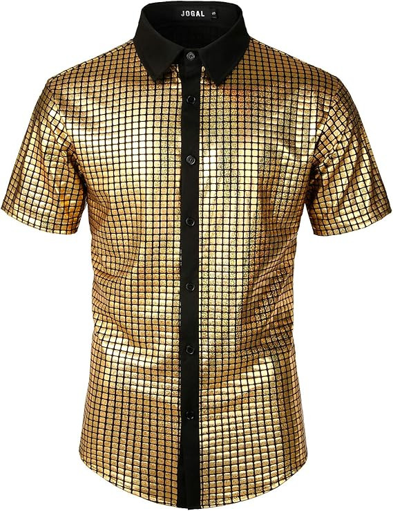 JOGAL Mens 70s Disco Costume Silver Sequins Short Sleeve Button Down Shirts | Amazon (US)
