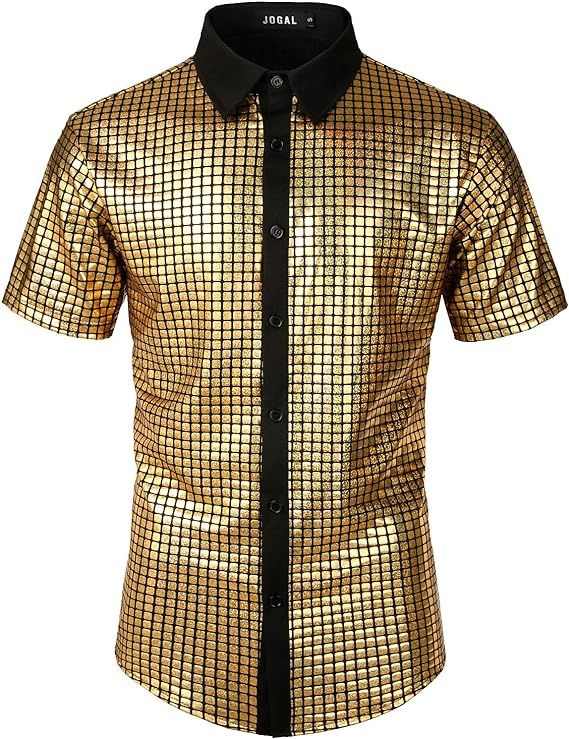 JOGAL Mens 70s Disco Costume Silver Sequins Short Sleeve Button Down Shirts | Amazon (US)