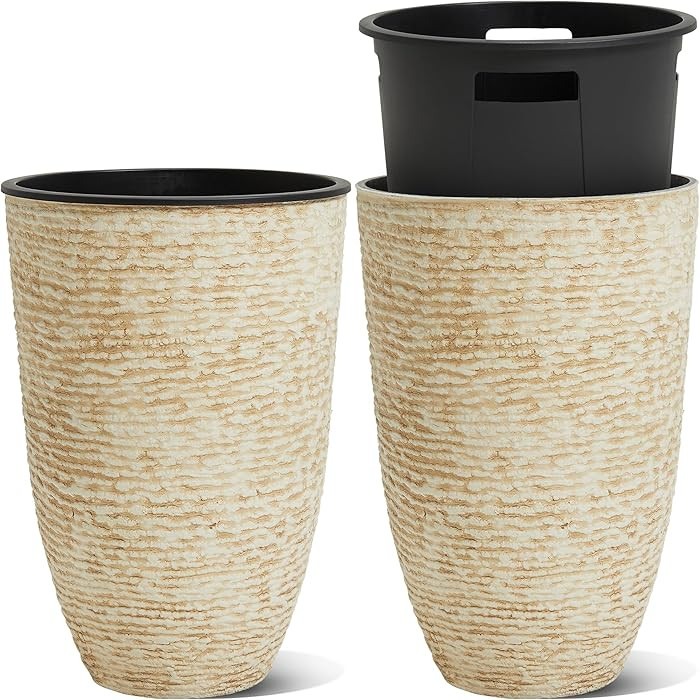 Worth Garden 21" H Beige Tall Planters set of 2 with Inside Pots - 14'' Dia Plastic Large Round P... | Amazon (US)