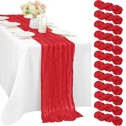 Red 12 Pieces 35 x 120 Inches Long Cheesecloth Table Runner Gauze Fabric 10Ft Boho Table Runner Rustic Sheer Runner for Wedding Baby Bridal Shower Birthday Holiday Party Table Arbor Decor (Red) | Amazon (US)