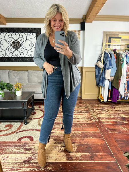 Shaping bodysuit (large), skinny jeans with slit (16), open lightweight cardigan (12/L)- use code NICOLES15 at checkout at Bloomchic, western ankle boots, fall fashion, plus size outfits 

#LTKplussize #LTKover40 #LTKmidsize
