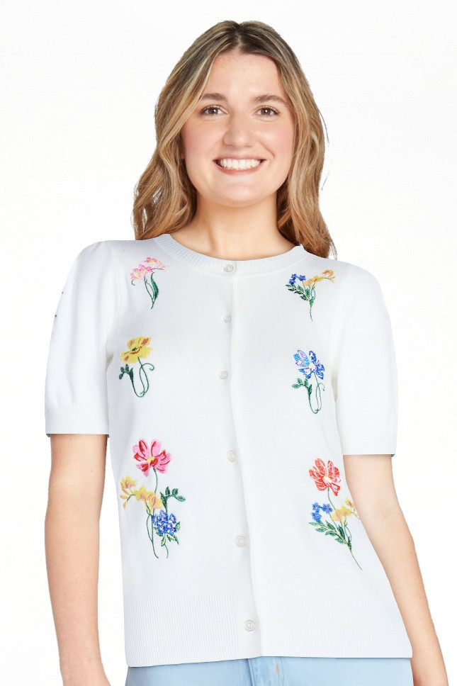 Free Assembly Women's and Women's Plus Embroidered Cardigan Sweater with Puff Sleeves, Lightweigh... | Walmart (US)