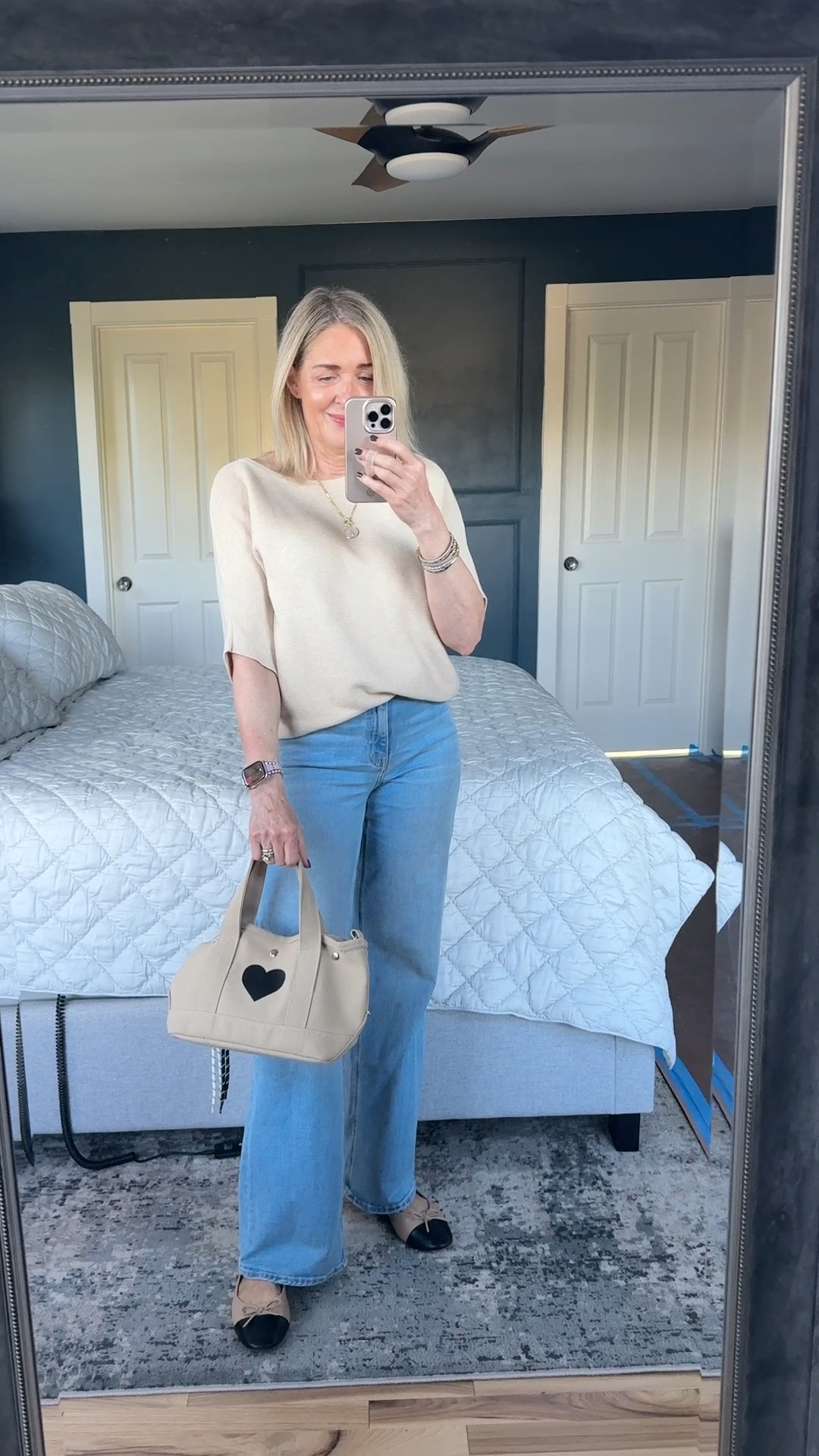 Fall outfits for women over 50 from @Quince. Cotton cashmere dolman sweater size XS, Bella wide leg denim in frosted blue wash. Use code JILL20 for 20% off Quilted Koala handbags. 

Fall transition outfit, business casual outfits, date night outfits, affordable fashion, mom looks, over 40 style, Quince outfits

#LTKOver40 #LTKootd #LTKSeasonal