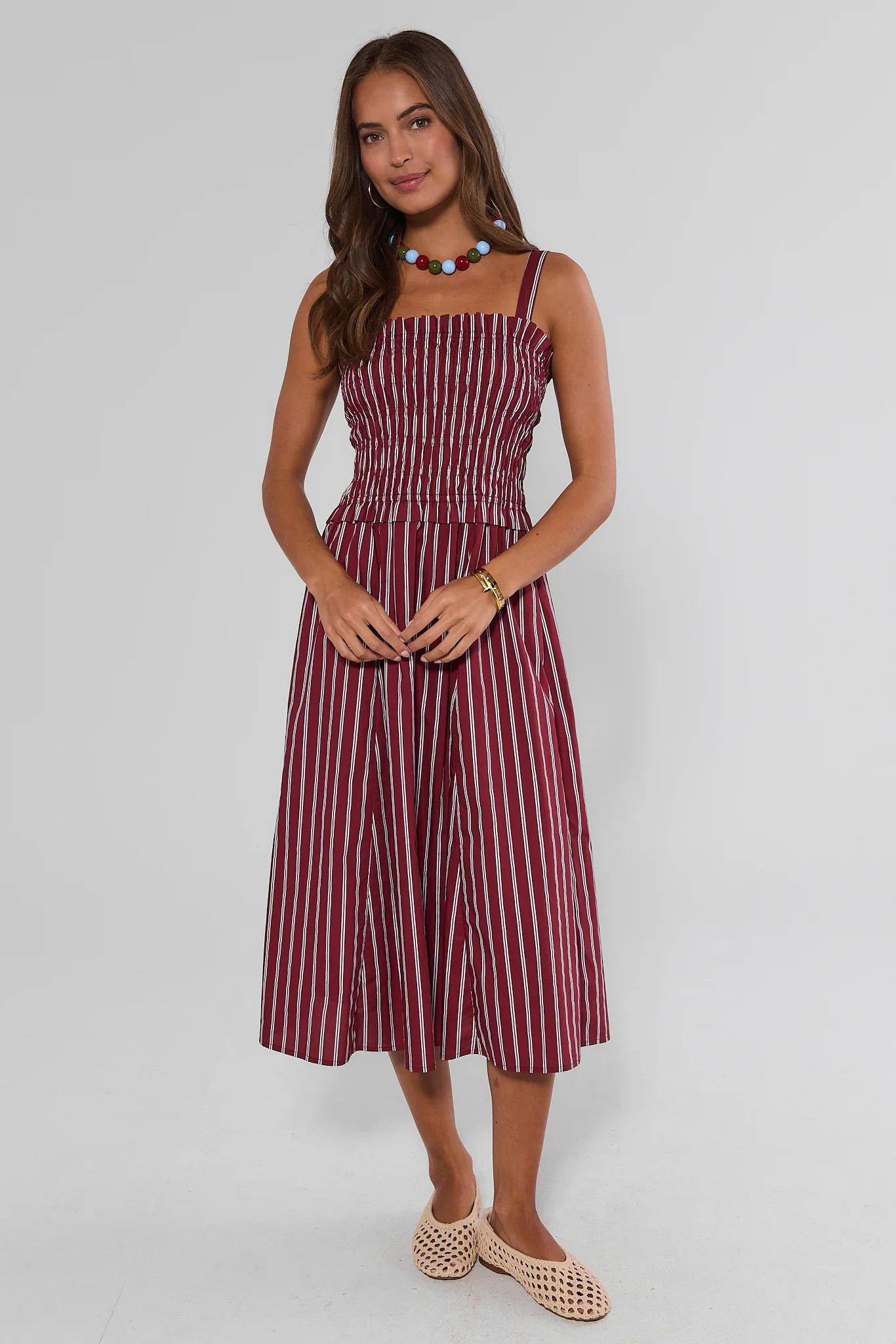Maroon Striped Smocked Midi Dress | Avara