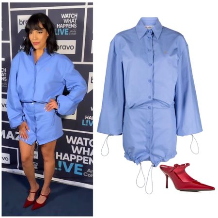 Danielle Olivera’s Blue Shirt Dress and Red Mules on Watch What Happens Live 📸 = @bravowwhl