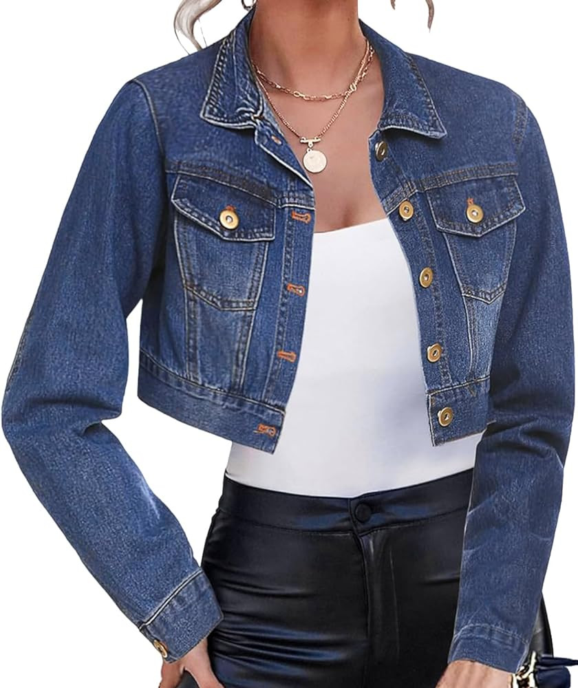 Women's Cropped Denim Jean Jacket Button Down Frayed Washed Long Sleeve Casual Jacket Coats | Amazon (US)