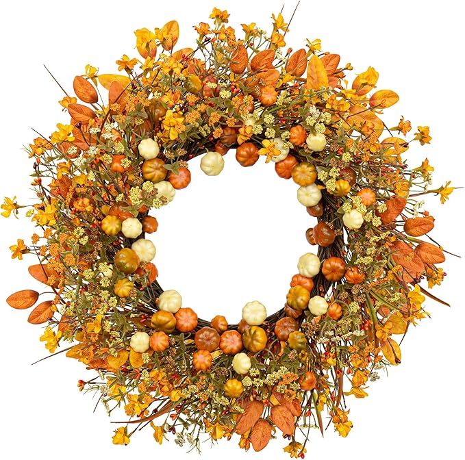 Fall Wreaths for Front Door 22 Inches Autumn Door Wreaths Harvest Wreath Pumpkin Wreath with Oran... | Amazon (US)