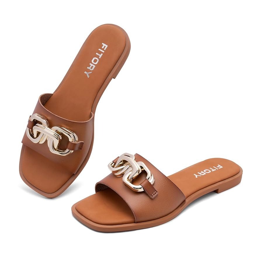 FITORY Women's Flat Sandals Fashion Slides With Soft Leather Slippers for Summer Size 6-11 | Amazon (US)