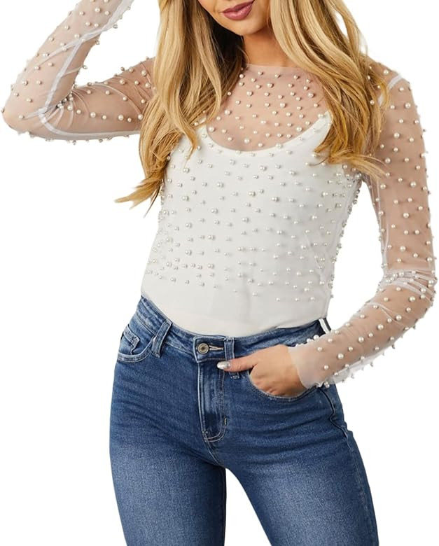 Women Sheer Mesh Pearl Top | Amazon (US)