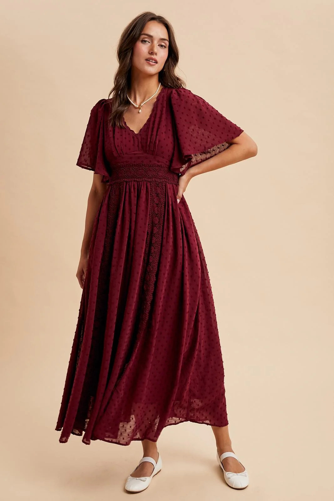 Burgundy Swiss Dot Crochet Lace Accent Maxi Dress | PinkBlush Maternity