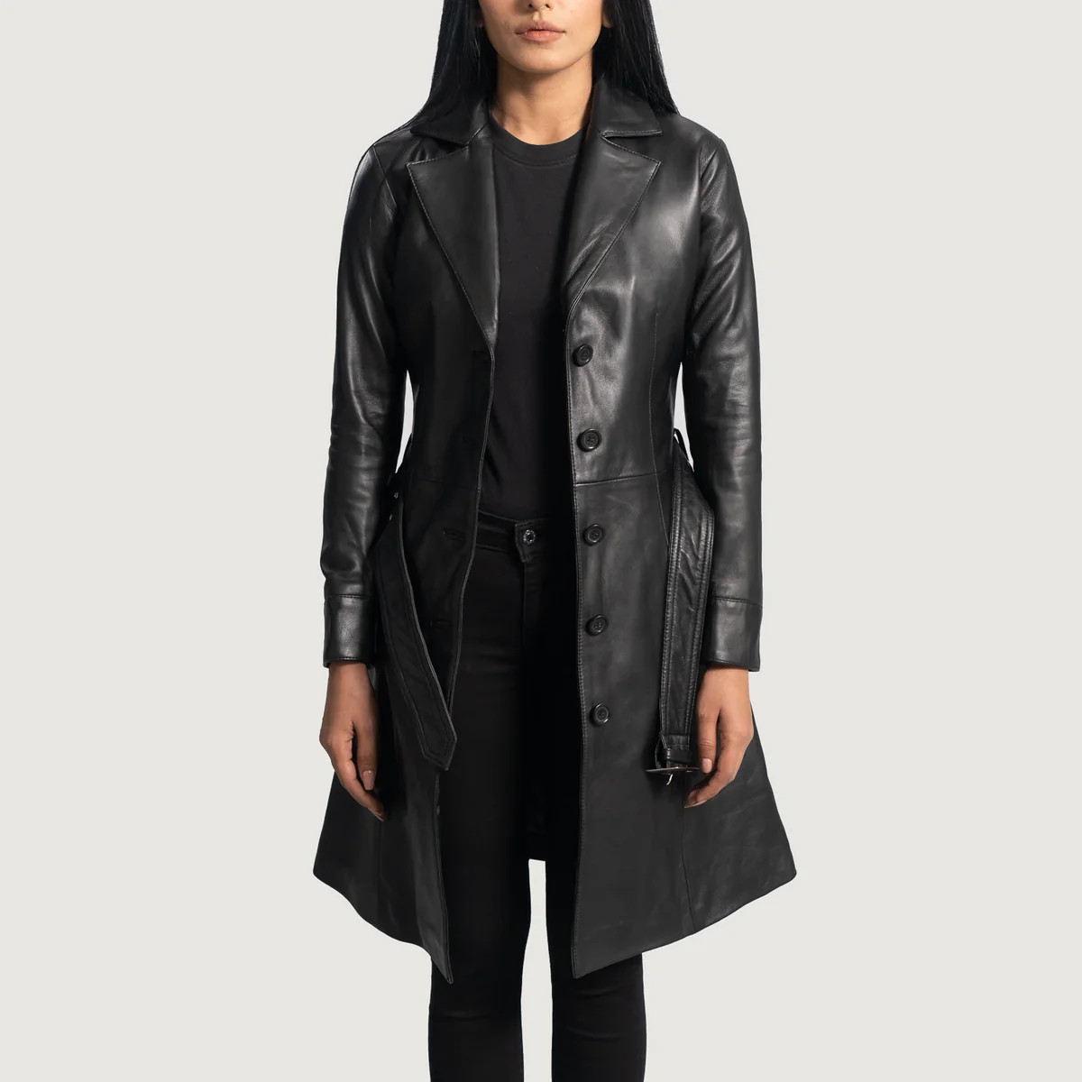 Women's Moonlight Black Leather Trench Coat | The Jacket Maker