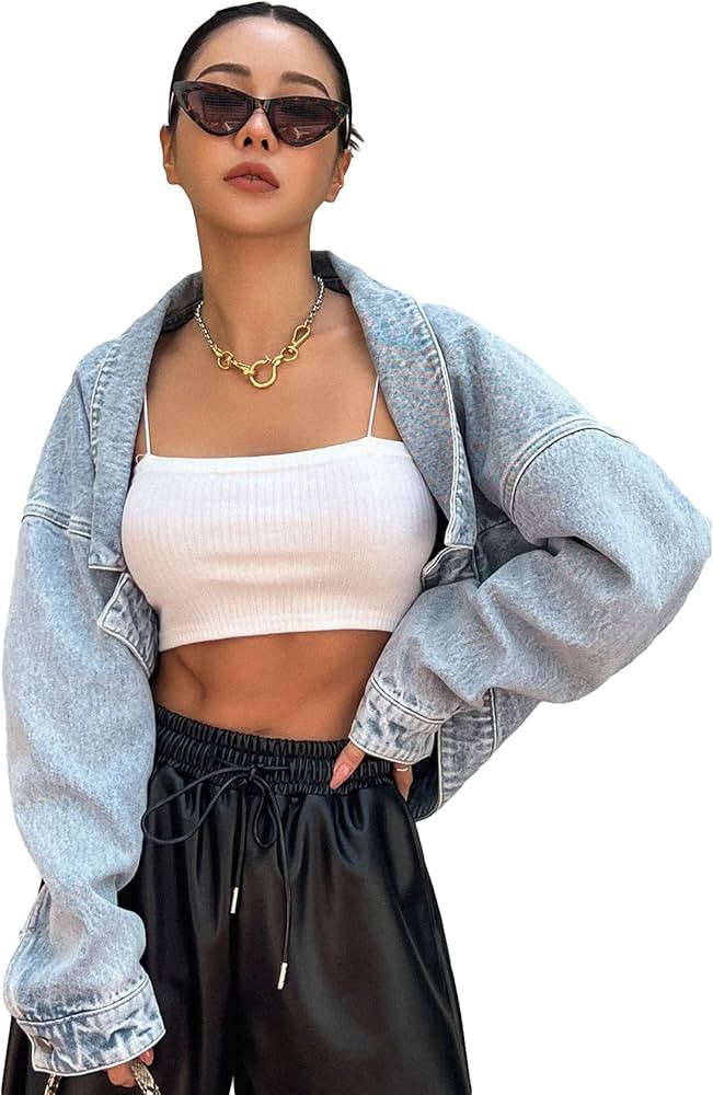 Verdusa Women's Asymmetrical Drop Shoulder Long Sleeve Loose Denim Jacket | Amazon (US)