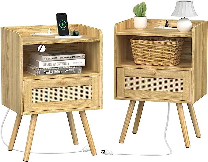 SUPERJARE Nightstands Set of 2, Night Stands with Charging Station & PE Rattan Decor Drawer, Bed ... | Amazon (US)