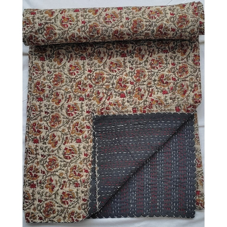 Floral Kantha Quilt Handblock Print floral Kantha Indian Netural Colour Indian inspired Bedding H... | Walmart (US)