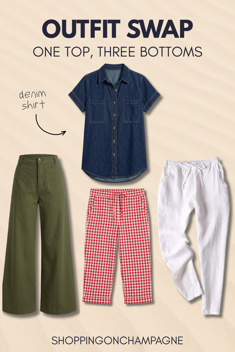 A denim shirt goes with so much more than jeans. Pair it with olive wide-leg pants, red gingham capris, or white linen pants for three completely different summer outfits. 

 #LTKSeasonal #LTKU #LTKOver40