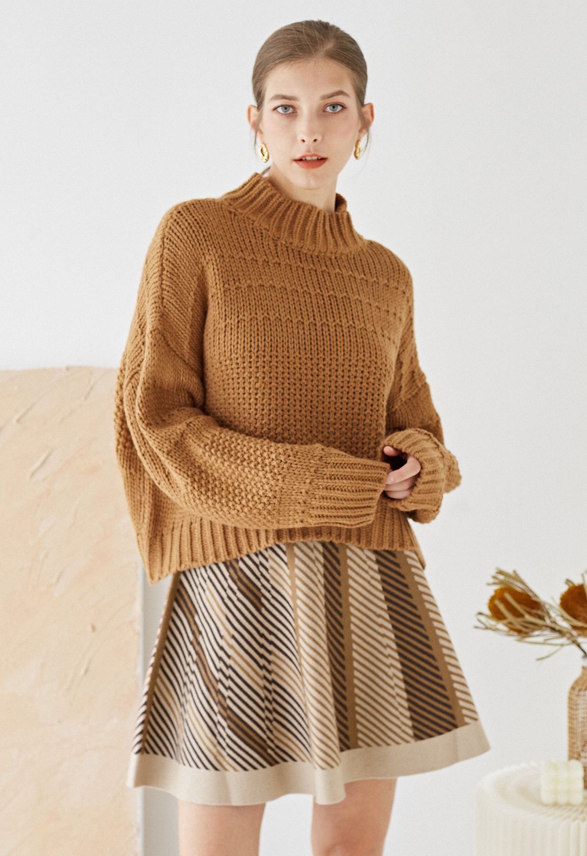 Mock Neck Hi-Lo Chunky Knit Sweater in Caramel | Chicwish