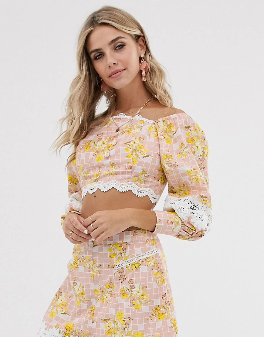 ASOS DESIGN lace trim crop top puff sleeve top co-ord in check floral print-Multi | ASOS (Global)