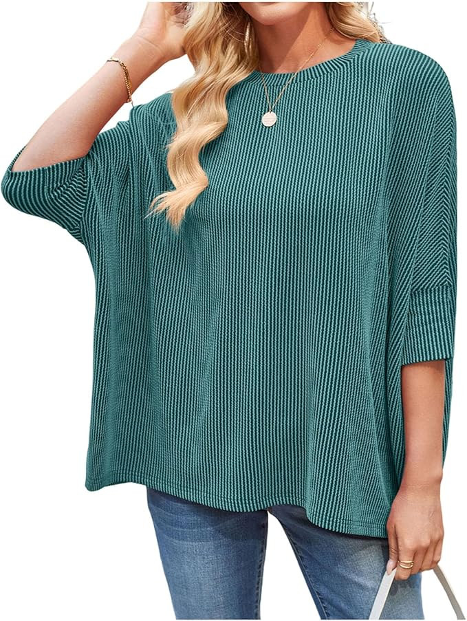 Oplxuo Womens Oversized T Shirts Summer Casual Ribbed Batwing 3/4 Sleeve Tunic Tops Loose Fit Dol... | Amazon (US)