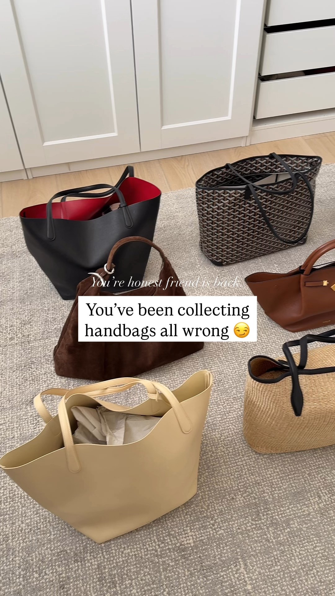 Bags from left to right:

Mansur Gavriel Everyday tote
Liffner hobo bag
Mansur Gavriel Everyday tote
Goyard Artois tote
DeMellier bag
Madewell raffia tote (linked similar)
Naghedi tote small navy
DeMellier crossbody
The Row small tote
Cuyana tote
Madewell bucket bag
Sezane Milo bag
Liffner mini bag

Cognac brown bags:
Loewe tote medium
Sezane Gabin bag
DeMellier bag
J.Crew mini woven bag
Souer Bag

Black Bags:
Celine Triompe medium
Dragon Diffusion small triple jump
Anine Bing Kate bag
Mansur Gavriel Everyday tote
Madewell raffia tote (old)
Madewell sling bag


#LTKStyleTip #LTKItBag