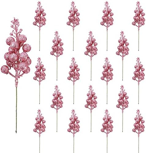 20Pack Christmas Glitter Berries Stems, 8.2 Inch Pink Artificial Berry Picks for Christmas Tree O... | Amazon (US)