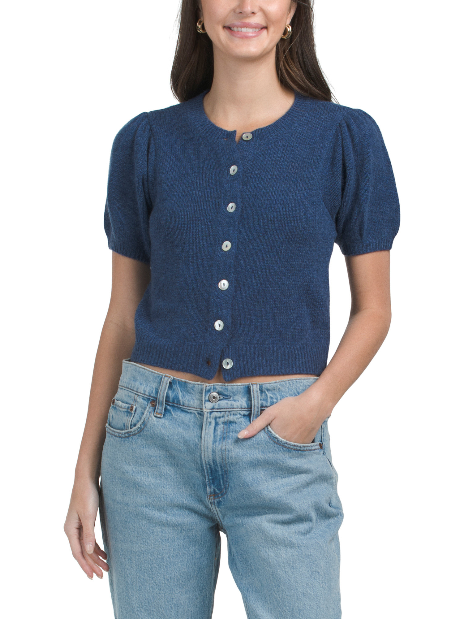 Cashmere Short Puff Sleeve Pleated Crew Neck Button Down Cardigan | TJ Maxx