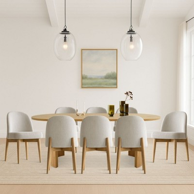 9-Piece Dining Set for 8,Oak Wood Dining Table with 8 Upholstered Beige Linen Dinng Chairs with Wood Legs for Dining Room,Farmhouse -Panipeachy | Target