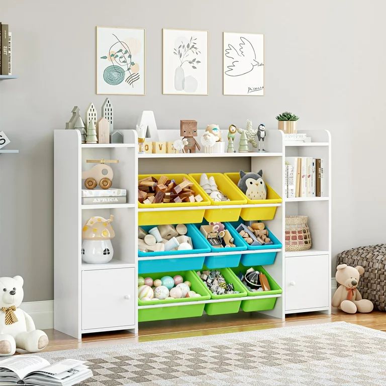 Homfa Kids Bookcase with 9 Bins, White Toy Cubby Storage Organizer Bookshelf with 2 Door for Kids... | Walmart (US)