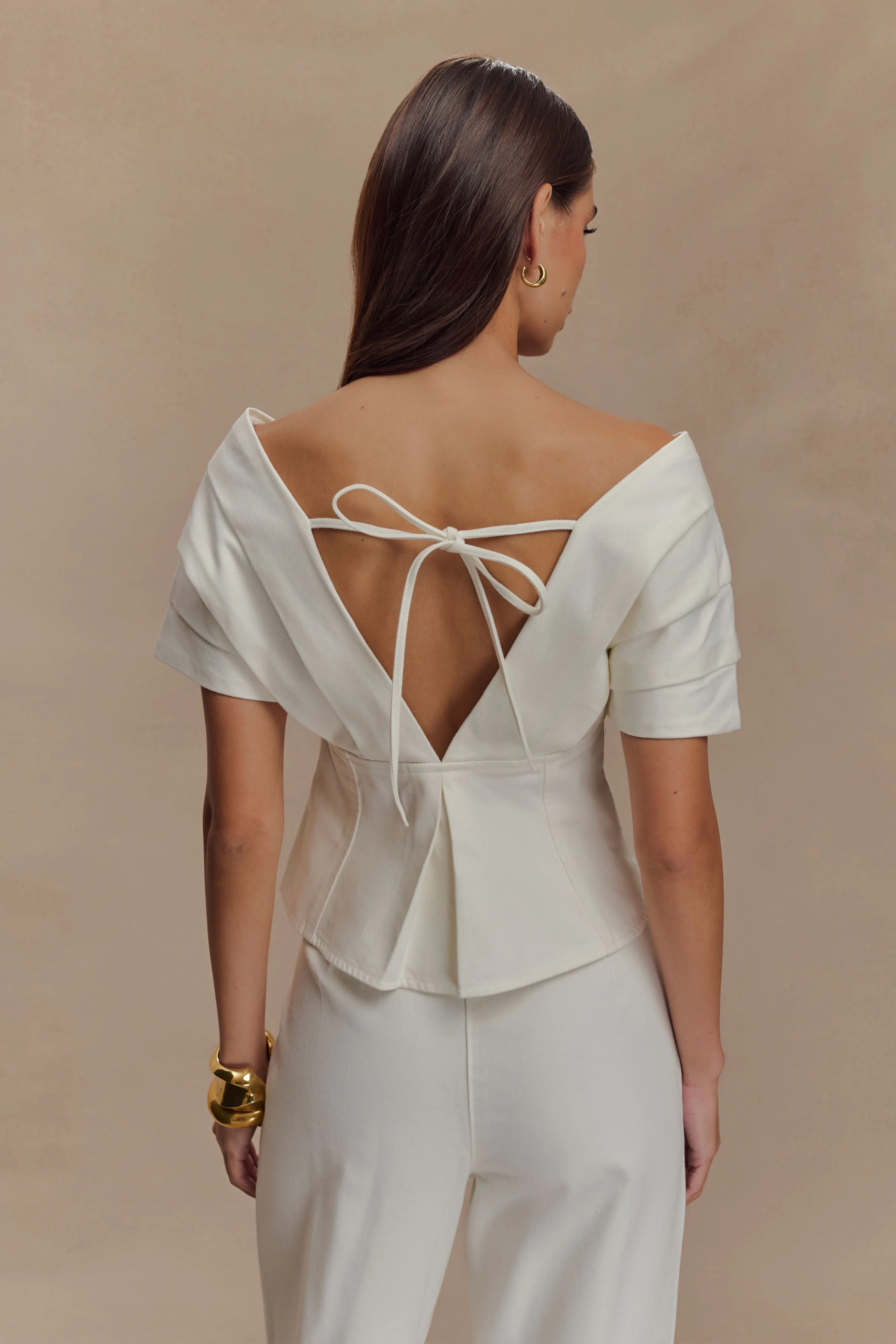 Off Shoulder Denim Top - White | MESHKI US