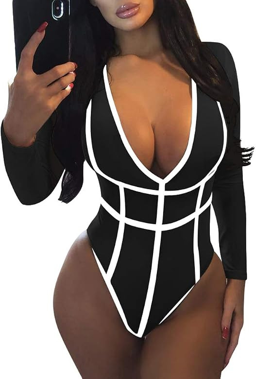 GOKATOSAU Women's Deep V-Neck Long Sleeve Sexy Triangle Bodysuit Stripe Jumpsuits | Amazon (US)