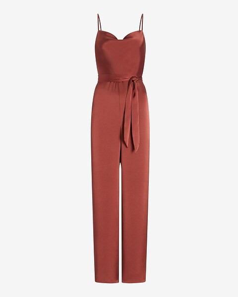 Satin Belted Cowl Neck Wide Leg Jumpsuit | Express