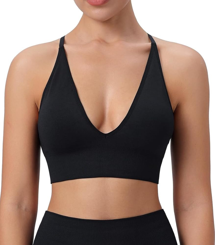 Womens Deep V-Neck Longline Sports Bra, Strappy Criss Cross Padded Cups Adjustable Spaghetti Stra... | Amazon (US)
