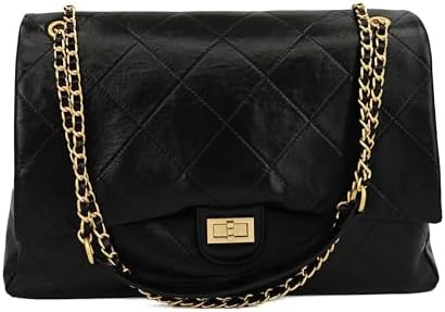 Large Quilted Leather Shoulder Bag for Women, Oversize Double Gold Chain Strap Tote Bag, Classic ... | Amazon (US)