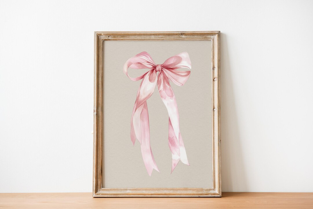 Pink Ribbon Bow Art Print, Feminine Wall Decor, Shabby Chic Bow Illustration, Cottagecore Aesthet... | Etsy (US)