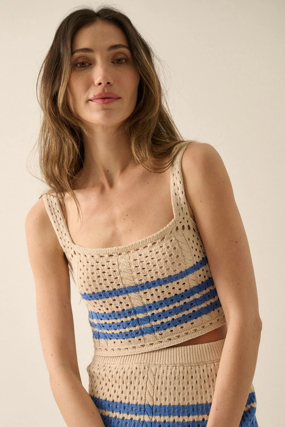 Striped Pointelle Crochet-Knit Sweater Tank Top (Natural) | ashe couture 