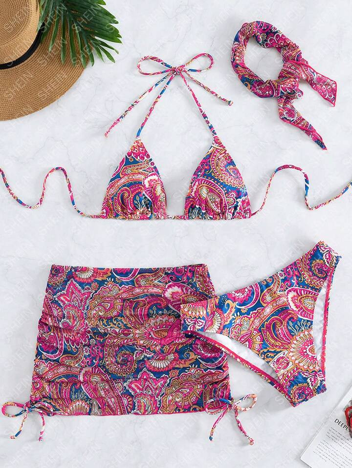 SHEIN Swim Paisley Print Halter Triangle Bikini Set With Beach Skirt,Summer Beach | SHEIN USA | SHEIN