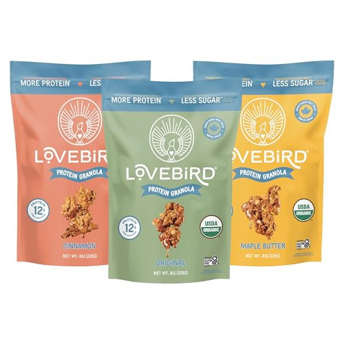 Lovebird Gluten Free Granola - Organic Protein Granola - 7 Real Ingredients - No Refined Sugar & Healthy Variety Mix for High Protein Cereal, Gut Health, USDA Organic - Variety 3 Pack | Amazon (US)