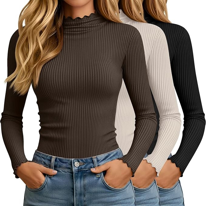 3 Pack Women's Turtleneck Cotton Shirts, Long Sleeve Ribbed Lettuce Trim Mock Neck Slim Fit Tops ... | Amazon (US)