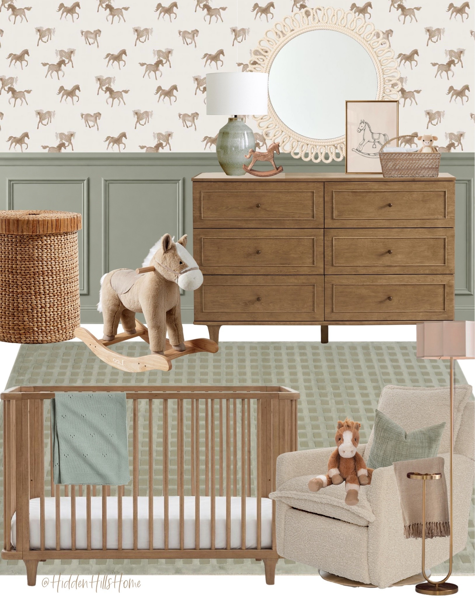 Nursery decor mood board, nursery design, home decor ideas, nursery inspiration, baby boys room, baby room, green nursery, crib, glider, nursery wallpaper, horse themed nursery

#LTKHome #LTKSaleAlert #LTKBaby