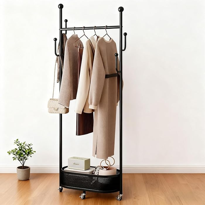 Coat Rack Freestanding Clothing Rack with Wheels & 1 Storage & 4 Hooks Heavy Duty Clothes Rack fo... | Amazon (US)