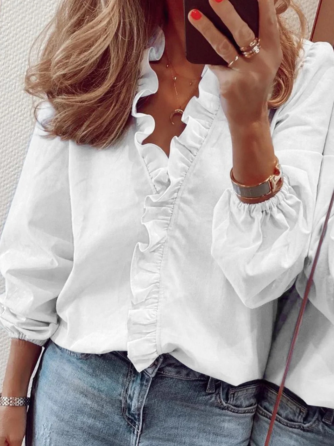 Ruffled V-Neck Long Sleeve Blouse White / L | Casual Chic Boutique