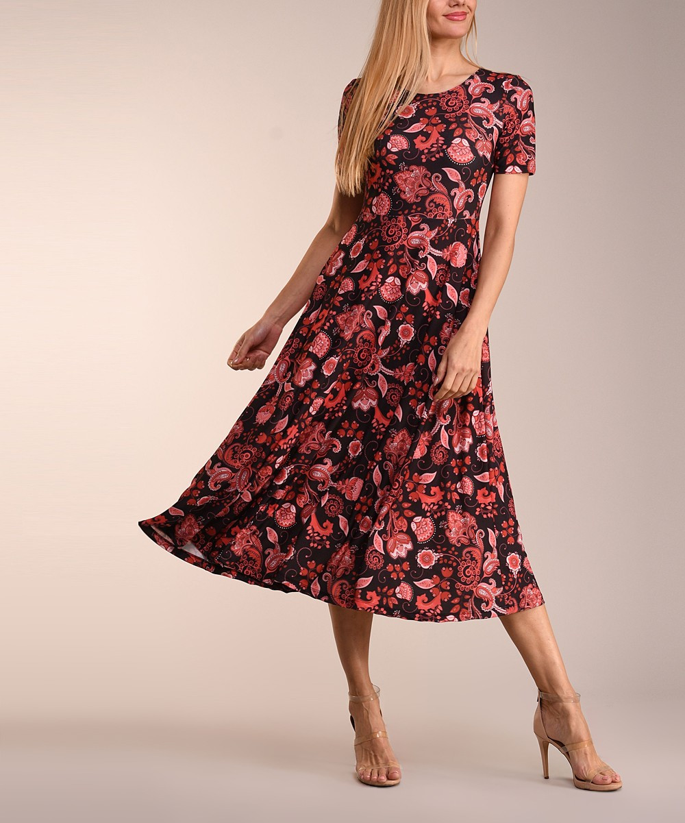 Lbisse Women's Casual Dresses Barn - Barn Red & Black Floral Short-Sleeve Midi Dress - Women | Zulily