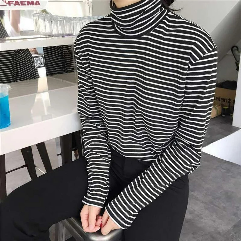 Black White Striped Turtleneck Female T-Shirt Summer Fashion Elegant Women Long Sleeve T-Shirt Lo... | Walmart (US)