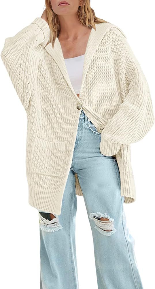 Women's Long Sleeve Button Lapel Cardigan Sweater Oversized Chunky Knit Slouchy Outerwear | Amazon (US)