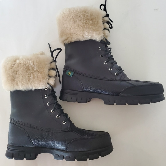 NWOB Lauren Ralph Lauren Sz 8.5 QUINTA Black Leather Sheep Shearling Trim Winter | Poshmark