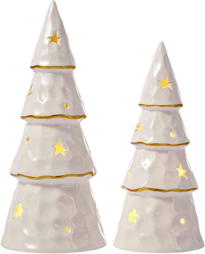 DN DECONATION White Christmas Ceramic Tree with Lights, Prelit Porcelain Tabletop Xmas Trees, 2Pc... | Amazon (US)