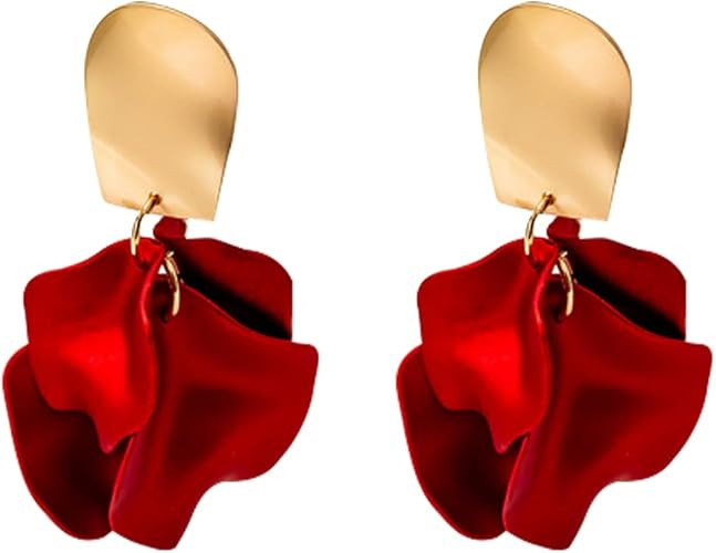 Chic Elegant Boho Red Rose Petal Dangle Resin Acrylic Tiered Matte Flower Earrings Statement Exag... | Amazon (US)