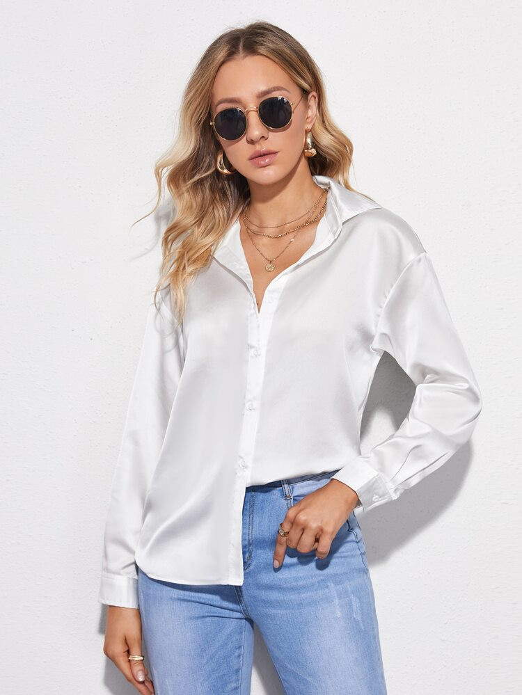 SHEIN Drop Shoulder Button Front Satin Blouse | SHEIN