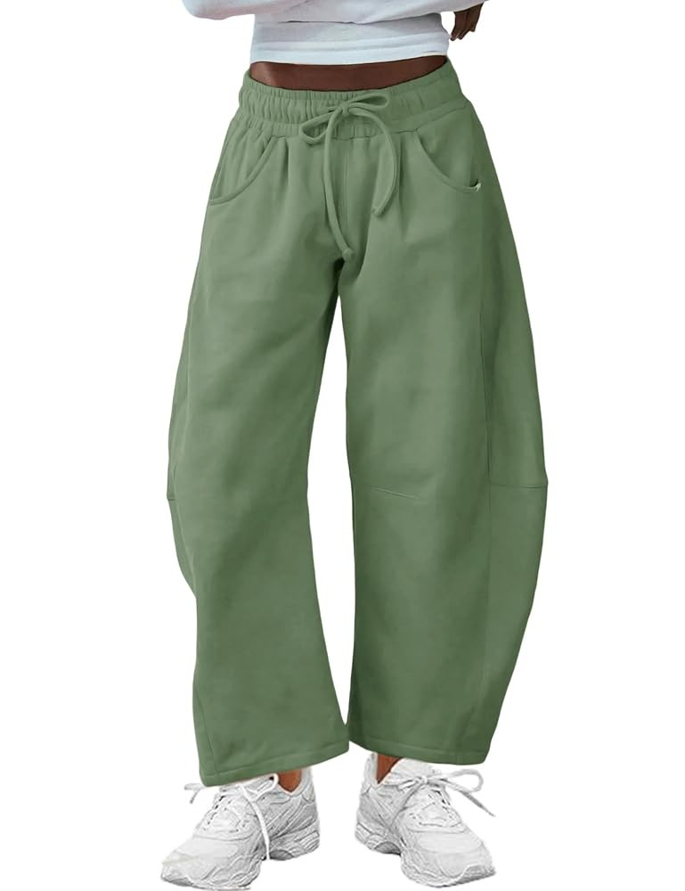 Hongsui Women's Barrel Leg Pants Elasticated Waistband Soft Wide Leg Pants with Pockets Casual Sw... | Amazon (US)
